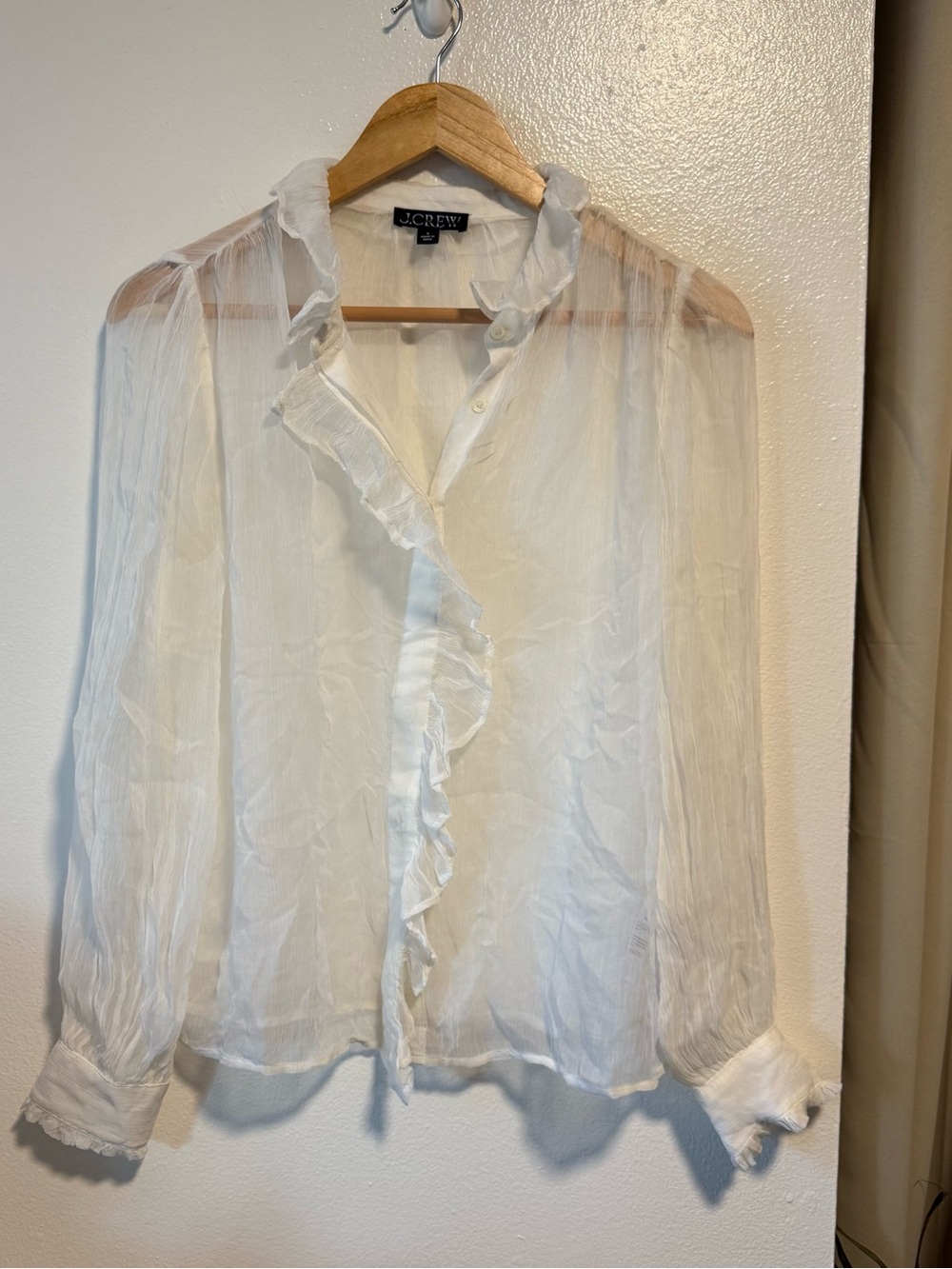 J. Crew Sheer White Ruffle-Front Long Sleeve Blouse